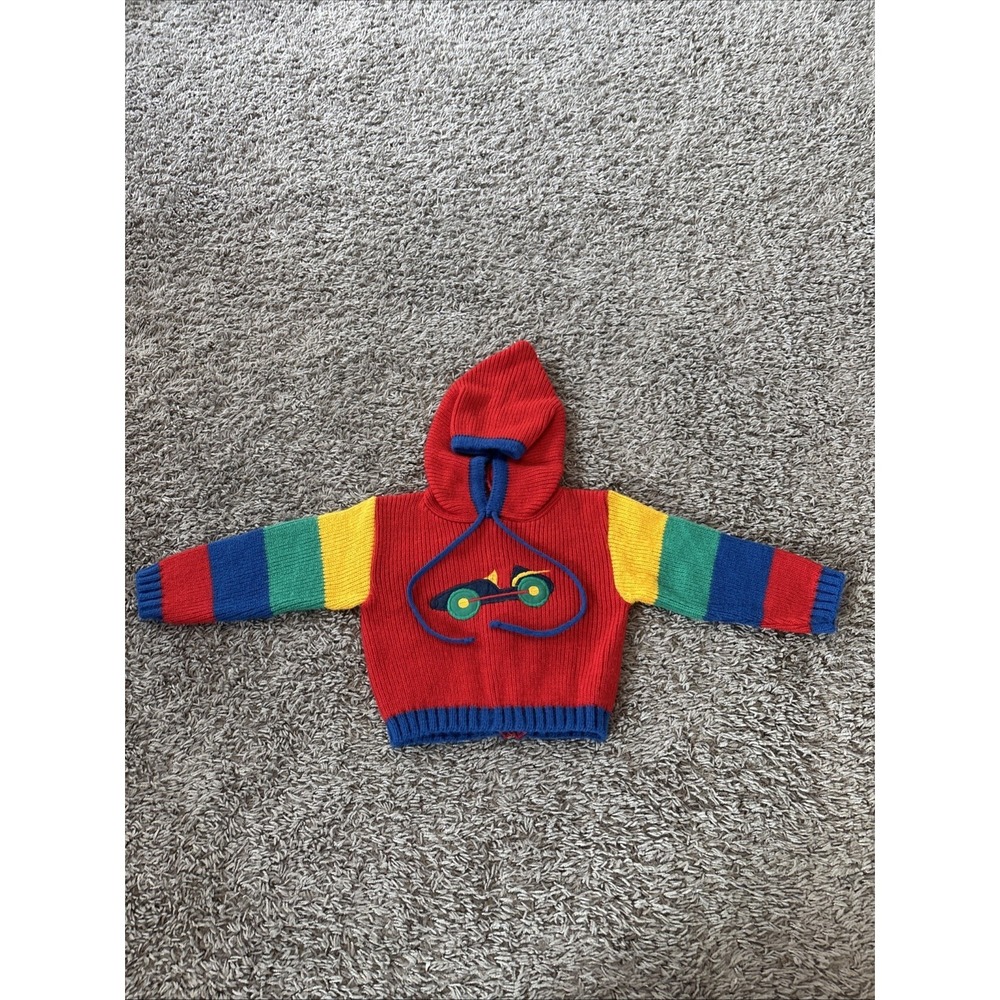 Vintage 80s Health Tex Kids Red Sweater Color Block 12 Mos Car Toddler